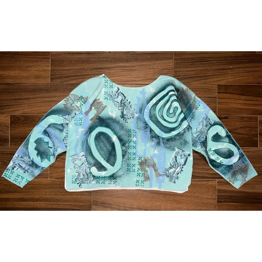 Rare Vintage VC Torias Womens Blue All Over Hand Painted Knit Art Canvas Top OS